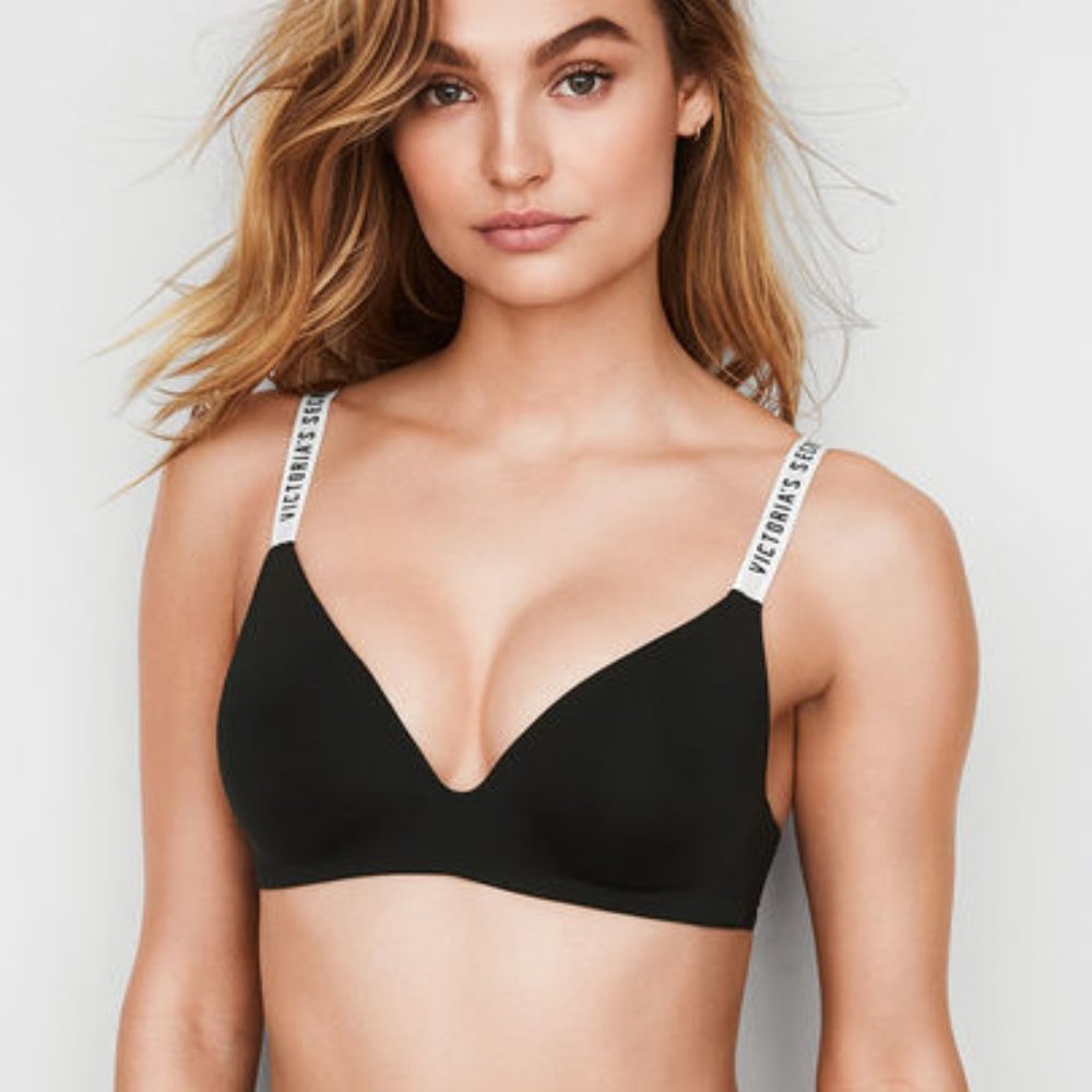 Victoria's Secret Lightly Lined Wireless Black Bra Monogrammed Straps